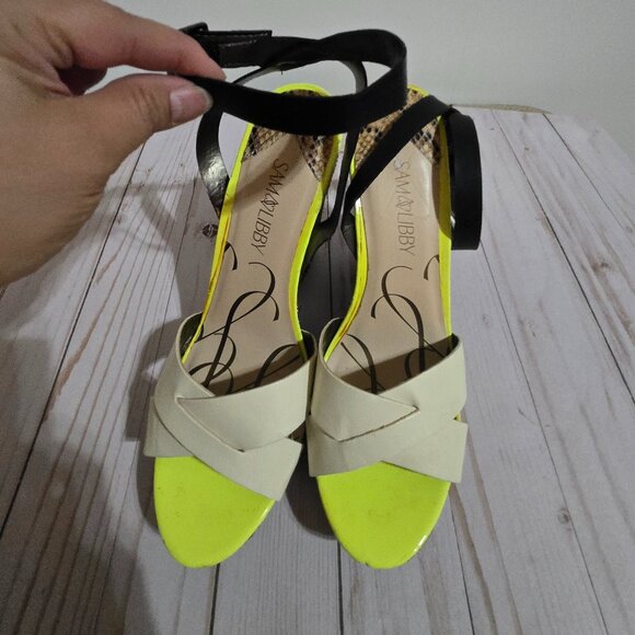 ๐ผ Sam & Libby Colorblock Wedge Sandals | Yellow, Black, White Womens' Size 10 - Picture 3 of 13